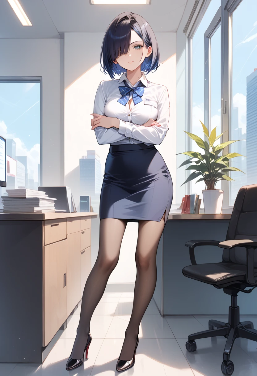 ((masterpiece, best quality, ultra detailed, high resolution, detailed facial description)), (solo, 1 noble woman:1.3), (office lady, pencil skirt), (black pantyhose, high heels), (short hair black hair, hair over one eye, blue inner color hair), (tsurime:1.3), standing, crossed arms, (upper body:1.2)