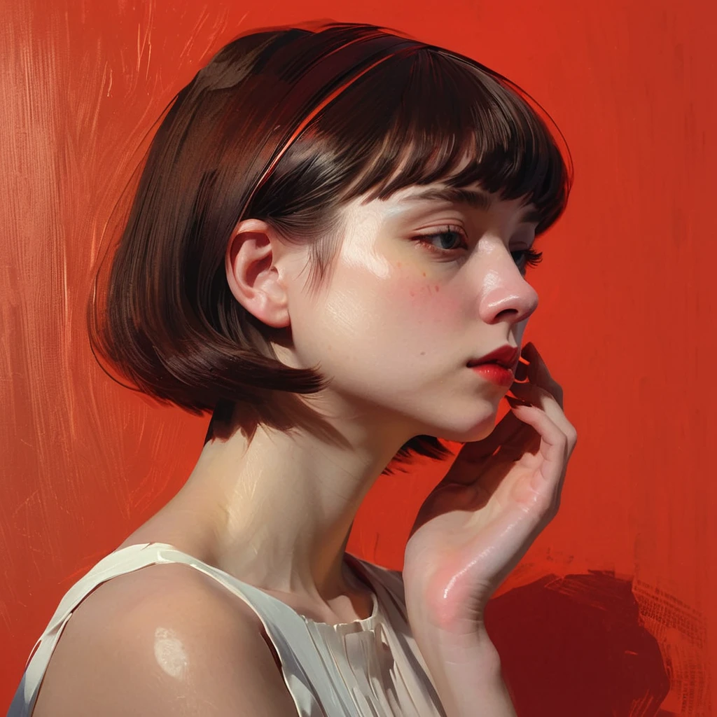 (Illustration for advertising with oil paint), (Dry brush technique: 1.3), a girl with a melancholy appearance with a chin in her hand, Portrait of the head, Blunt bangs, Short bob hair, (natural light from the right side of the face), (Ray tracing: 1.3), light and shadow, abundant negative space, variousA palette of red and brown, minimalist backgrounds, detailed, top quality, masterpiece