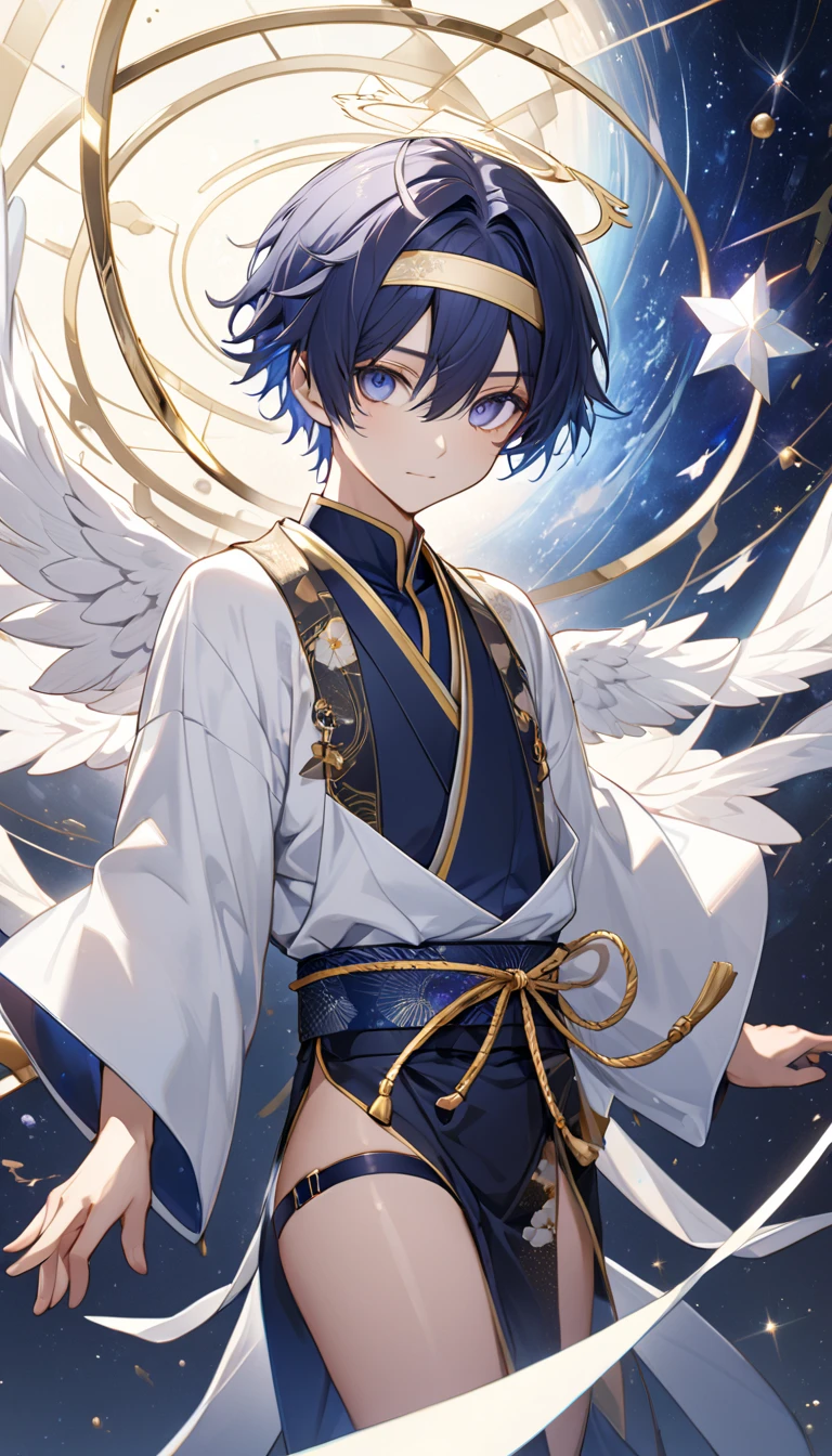 Fresh illustration,
Ultra-fine drawing,
Very delicate illustration,
Very fine details,
Drawing of a boy alone,
Arms slightly outstretched,
Height 158cm,
Fair skin,
Right eye purple,
Left eye blue,
Beautiful eyes,
Large black pupils,
Short hair,
Blue roots and silver elsewhere,
Hair with a gradient,
Shiny hair,
Cute face,
Pretty face,
A shining angel halo on the back of his head,
Raised eyebrows,
Upper body in traditional Japanese clothing, wearing a kimono,
Masculine build,
Six pack,
Very small breasts,
No breasts,
Lower body in Chinese dress,
Black obi,
All Physically, white clothing,
Tasteful embroidery with gold thread,
Clothes with a high-quality texture,
Jockstrap underwear,
Thigh straps,
Thigh straps digging into the skin,
White long boots,
Japanese-style toes,
Number of fingers and toes: 5,
Thin waist,
Thin legs,
Isometric,
Golden ratio,
Divine atmosphere,
Wearing an indigo-colored stand-up collar inner,
Outer space,
Galaxy,
Countless small stars,
Tactical use of shadows,
Headband and hair do not extend beyond the frame,
Clothes do not extend beyond the frame,
Body orientation is symmetrical,
Clothes are symmetrical,
Full body,
Picture of a person standing motionless,
Facing forward,