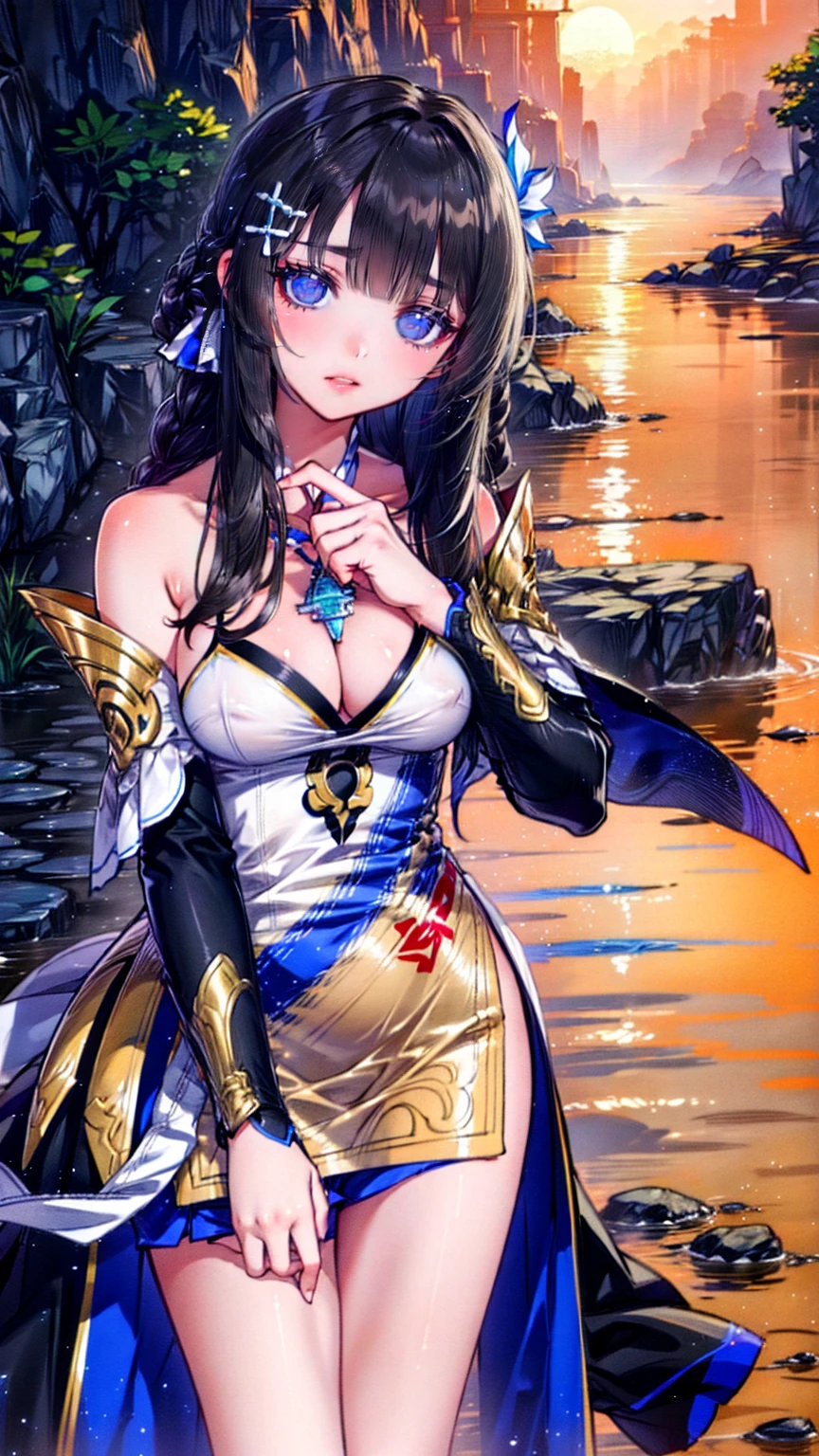 1 woman, goddess Athena, goddess of war, serene expression, mesmerizing eyes, long straight hair, flowing dress under a large gold armor, balanced posture, porcelain skin, subtle blush, crystal pendant BREAK golden hour, (rim lighting): 1.2, warm tones, sun reflection, soft shadows, vibrant colors, pictorial effect, dreamy atmosphere BREAK scenic lake, distant mountains, calm water, reflection, sunlit clouds, tranquil environment, idyllic sunset, ultra detailed, official art, 8k unit wallpaper, zentangle, mandala