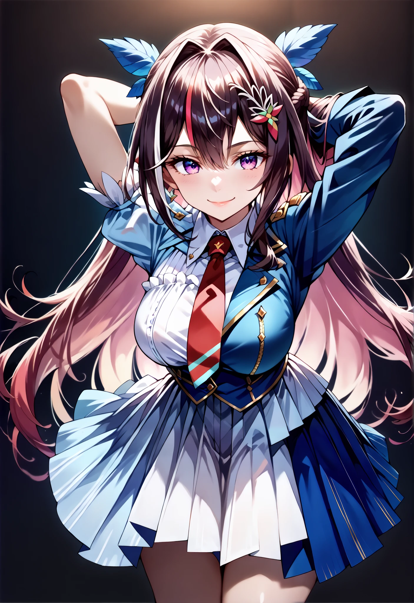 score_9, score_8_up, score_7_up, source_anime, 4K,perfect fingers,(perfect hands, perfect anatomy),prefect lighting, very aesthetic, intricate details,highly detailed background, masterpiece, high quality, best quality,
1girl,Azki, multicolored hair, long hair, french braid, hair ornament, large breast,
wearing ((headgear,shrug \(clothing\),blue jacket,cropped jacket,short dress,two-tone dress,white dress,blue dress,collared dress,pleated dress,red necktie,short sleeves,white gloves, )),
looking at the spectator, filed, (arms behind head:1.5), high thigh individual , (large breasts:0.9),Stand up,fullbody ,((White plain background:1.5)) ,((seductive smile)),((front look:1.5)),((leaning forward:1.3)), ((looking view)),smug,Cowboy Shot,