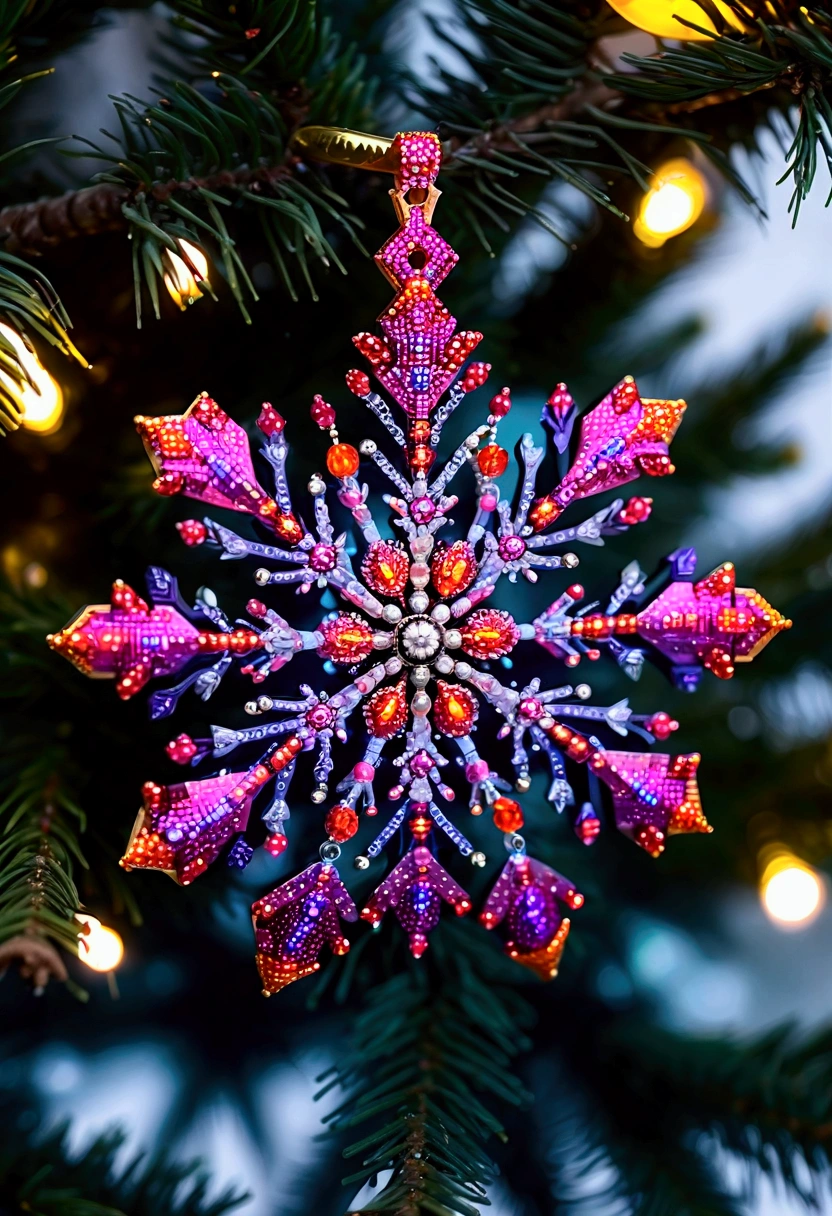 Picture in 3D. snowflake ( shape Christmas tree toy ) in red (ruby tint )  colored with rubies.