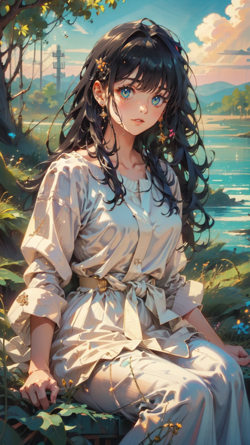 (   girl  ),(   very detailed目,   very detailed顔), (  realisticにสุดๆ,  high res ), (  top quality :1.4), (  top quality ), 5, Midea, 1人の  girl  ,score_9, score_8_  up, score_7_  up, score_6_  up, score_5_  up, score_4_  up,   Real Skin Texture Till Midnight,   RAW photo , (  realisticに,   realistic:1.37),   very detailed,   Pro Pictures , (masterpiece:1.3,  top quality ,   super high res ,   Ultramore ), (  realistic, photo  realistic:1.4),   beautiful illustrations ,   perfect lighting,   natural light,   depth of field  ,  beautiful detailed hair,   beautiful detailed face ,  beautiful detailed eyes,   beautiful collarbone,   beautiful body  ,   Beautiful breasts ,    beautiful thighs  ,   beautiful legs,   look under my beautiful finger  ,   viewers、   shiny hair,  longhair , (   beautiful brown eyes、)、smile、  s uper detailed  な目、((  hair clip)),  very elabated face ,   High Detail Eye ,  cowboy shot,、( 一人の  girl   )、 , masterpiece, top quality , high res, masterpiece ,   girl  1人, Calm expression,  Captivating eyes  ,   long straight hair   ,   relaxed dress ,   Calm Posture   ,   porcelain-like skin, A faint blush,  crystal pendant golden hour, (   rimlight):1.2, Warm tones, Solar flare, Soft Shadows,   bright color, painterly effect   ,   dreamy atmosphere BREAK beautiful lake   , Scenery I saw with you   々, Willow Tree, Calm water, reflection,   clouds illuminated by the sun   ,   quiet atmosphere  ,    Beautiful Sunset   ,  s uper detailed  ,   Official Art, unity 8k wallpaper , [ "Intertwined, Mandala
