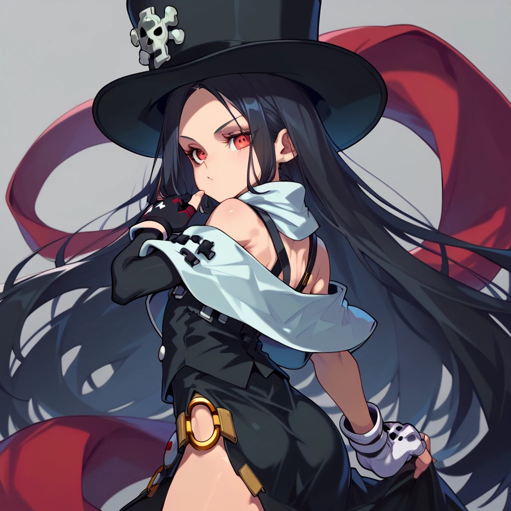 seductive poses, 1other, androgynous, looking at viewer, testament\(guilty gear\), o, black hair, red eyes, long hair, formal, BLACK SLEEVES, detachable sleeves, scarf, top hat, long black skirt, side slit, black vest, fingerless gloves, bare shoulders, asymmetrical gloves, single , erection, ((bulge, alone)), back pose