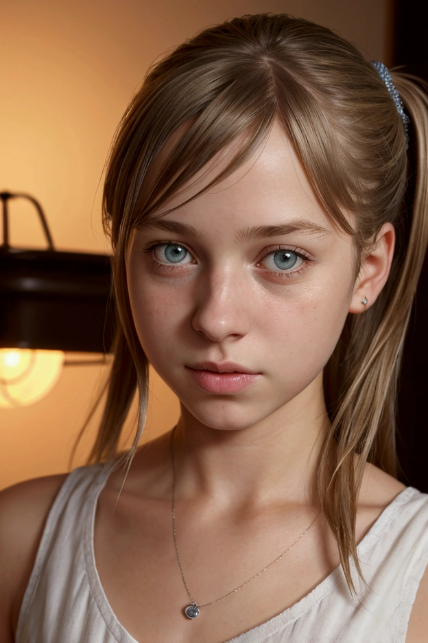 A long silky haired sweden girl, bob cut, bang, blue eyes, 14 years old, young, pale skin, Ultra high res, uhd, (photorealistic:1.4), doll-like face, in a dark room dramatic lighting, crying, wearing tank top, torso shot
