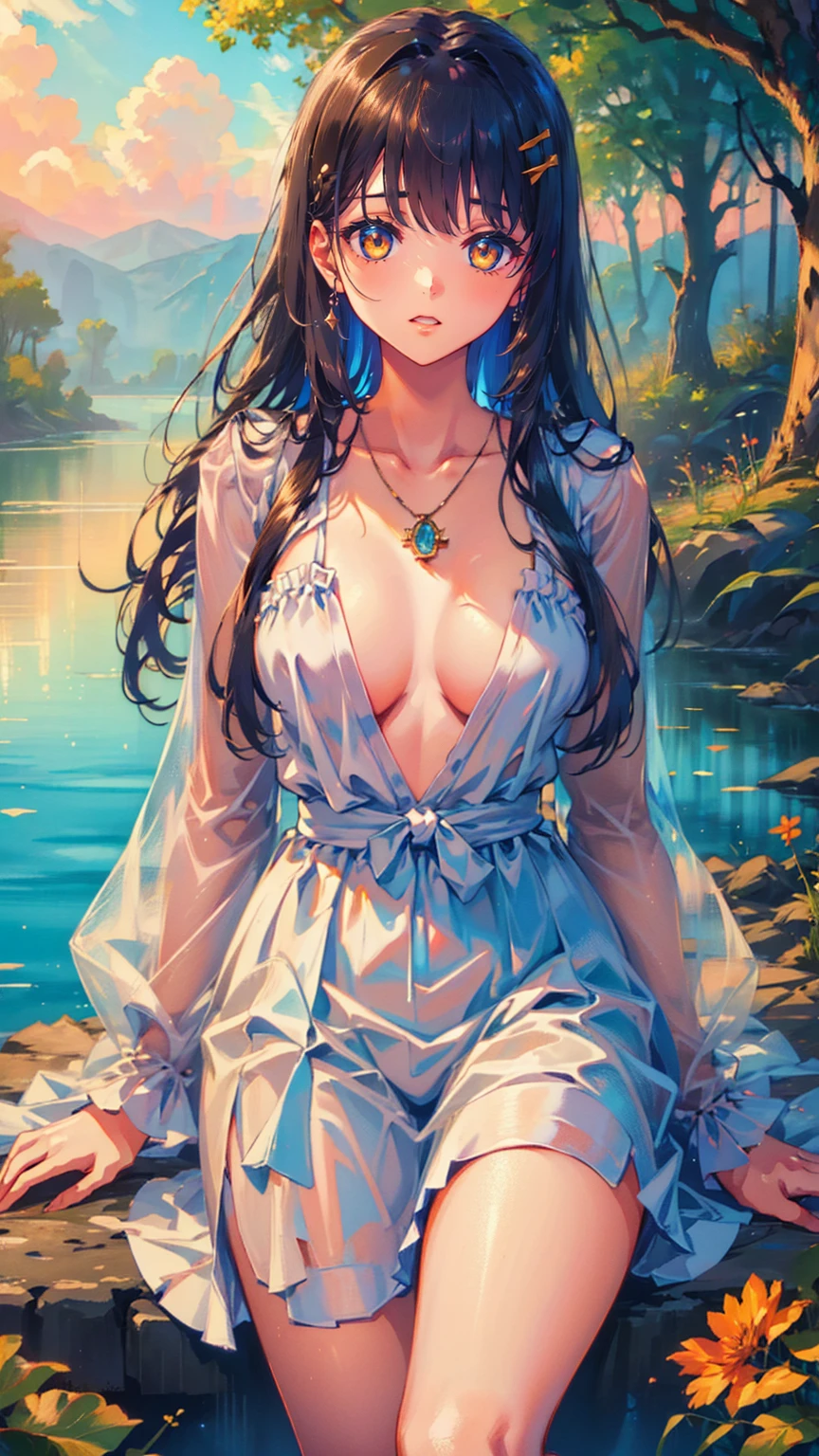 (   girl  ),(   very detailed目,   very detailed顔), (  realisticにสุดๆ,  high res ), (  top quality :1.4), (  top quality ), 5, Midea, 1人の  girl  ,score_9, score_8_  up, score_7_  up, score_6_  up, score_5_  up, score_4_  up,   Real Skin Texture Till Midnight,   RAW photo , (  realisticに,   realistic:1.37),   very detailed,   Pro Pictures , (masterpiece:1.3,  top quality ,   super high res ,   Ultramore ), (  realistic, photo  realistic:1.4),   beautiful illustrations ,   perfect lighting,   natural light,   depth of field  ,  beautiful detailed hair,   beautiful detailed face ,  beautiful detailed eyes,   beautiful collarbone,   beautiful body  ,   Beautiful breasts ,    beautiful thighs  ,   beautiful legs,   look under my beautiful finger  ,   viewers、   shiny hair,  longhair , (   beautiful brown eyes、)、smile、  s uper detailed  な目、((  hair clip)),  very elabated face ,   High Detail Eye ,  cowboy shot,、( 一人の  girl   )、 , masterpiece, top quality , high res, masterpiece ,   girl  1人, Calm expression,  Captivating eyes  ,   long straight hair   ,   relaxed dress ,   Calm Posture   ,   porcelain-like skin, A faint blush, crystal pendant golden hour, (   rimlight):1.2, Warm tones, Solar flare, Soft Shadows,   bright color, painterly effect   ,   dreamy atmosphere BREAK beautiful lake   , Scenery I saw with you   々, Willow Tree, Calm water, reflection,   clouds illuminated by the sun   ,   quiet atmosphere  ,    Beautiful Sunset   ,  s uper detailed  ,   Official Art, unity 8k wallpaper , [ "Intertwined, Mandala
