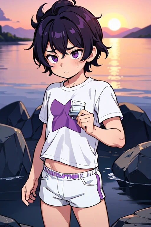 Shota boy, alone, facial expressions, messy hairstyle, detailed body, star logo shirt, white shorts, putting one in the pocket of a small purple hat, best quality, aperture 1.4, sunset, cinematic shot, beautiful background. 