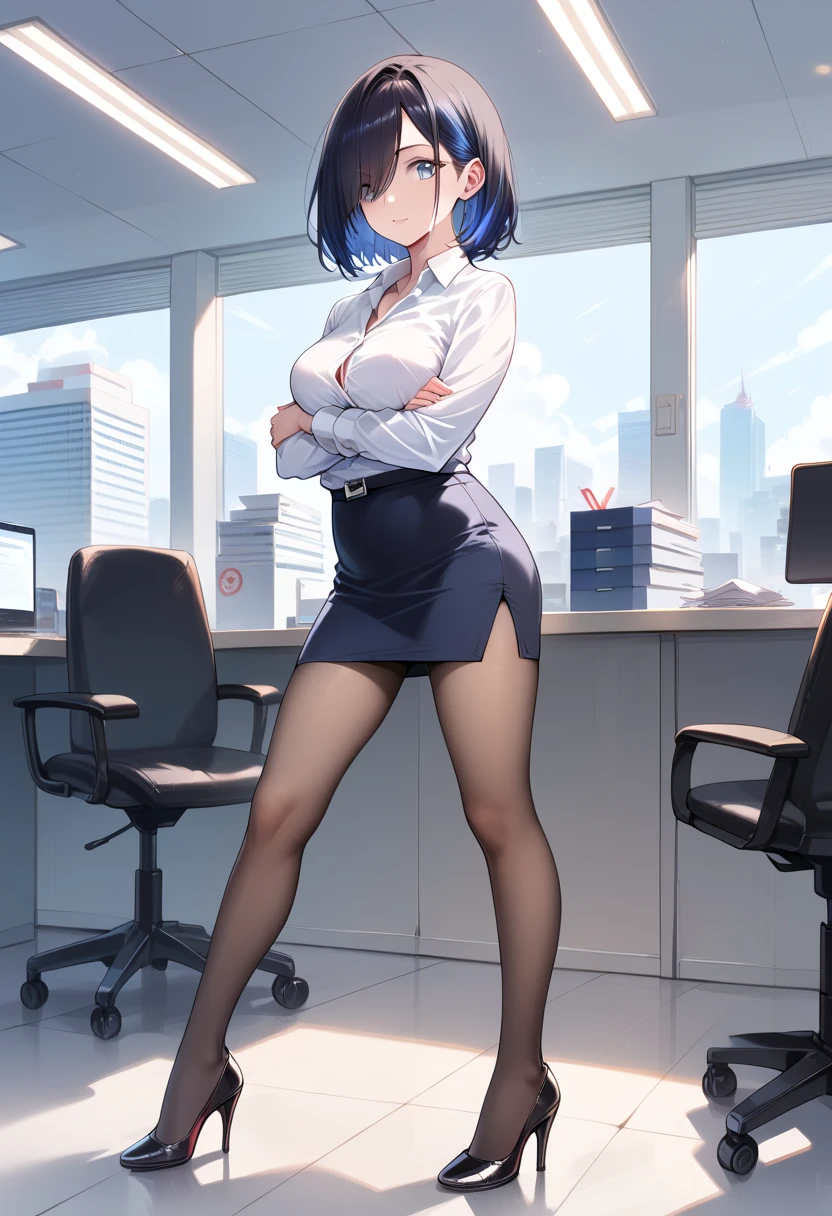 ((masterpiece, best quality, ultra detailed, high resolution, detailed facial description)), (solo, 1 noble woman:1.3), (office lady, pencil skirt), (black pantyhose, high heels), (short black hair:1.3, hair over one eye, blue inner color hair), (tsurime:1.3), standing, crossed arms, (upper body:1.3), (office room)