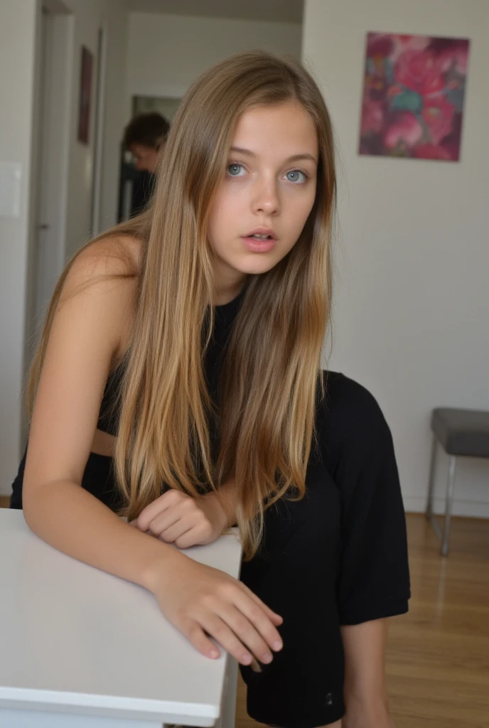 lightbrown long hair, young girl , 18 years, German, Cute crop top, Kurze Schwarze Yogahose , frightened, surprised, High angle view, looks at the viewer , in the modern german livingroom, cute face, 4K, leaning on the desk, sweet ass.