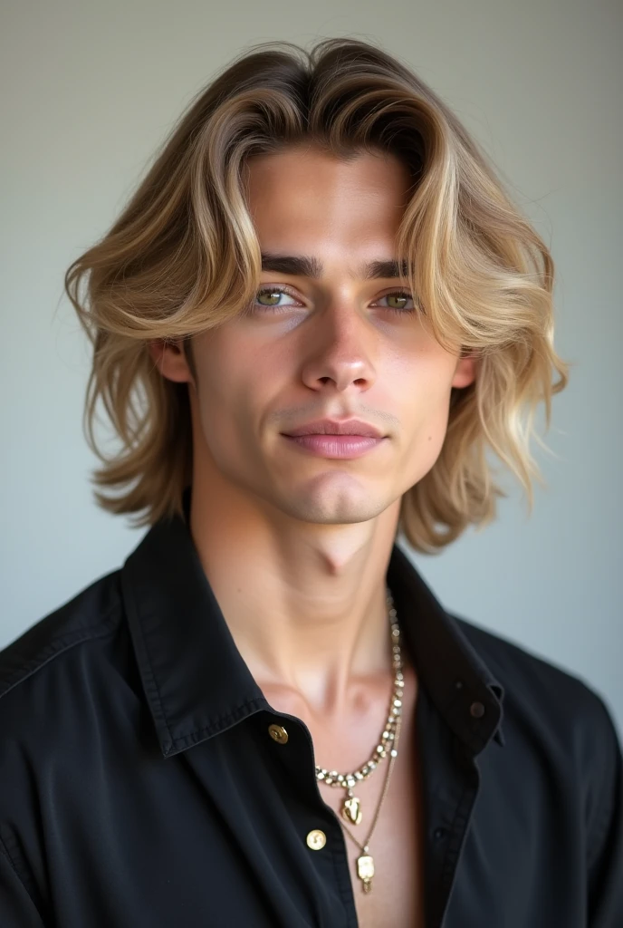 a realistic photo of a young adult male tiktok star with half-long blonde hair