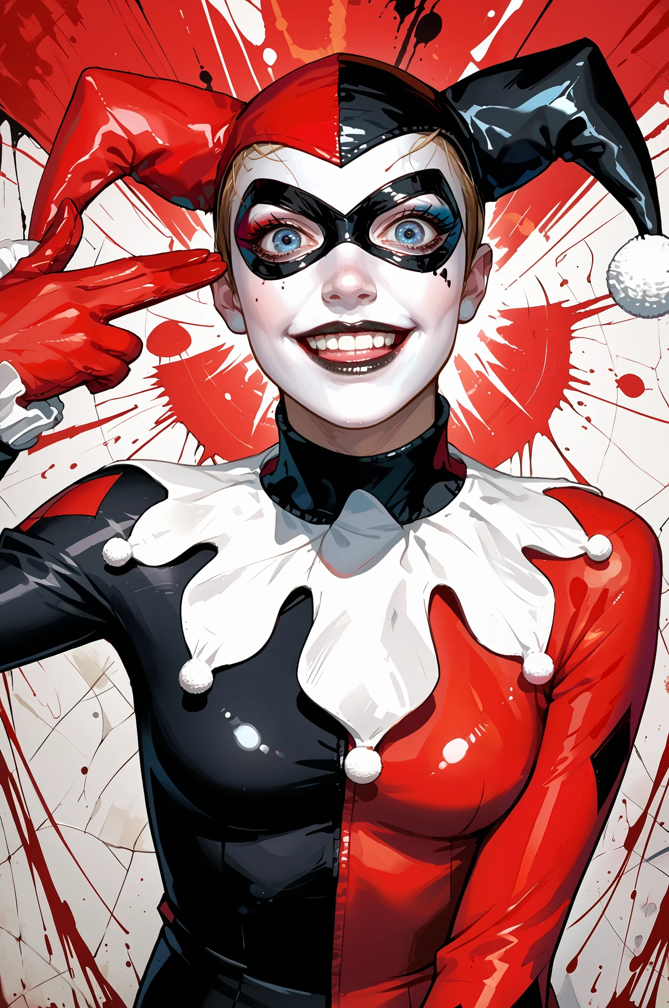 score_9, score_8_up, score_7_up, score_6_up, content_explicit, source_anime, high quality, high contrast, realistic, 1girl, jester cap, red hat, black hat, white skin, domino mask, blue eyes, black lips, white jester collar, black bodysuit, red bodysuit,multicolored clothes, white frilled wrists, black gloves, red gloves, (finger gun to head:1.2), crazy stare, wide grin, head tilt, from above, high angle, looking up at viewer, blood splattered, red splash background, psycho, laughing,