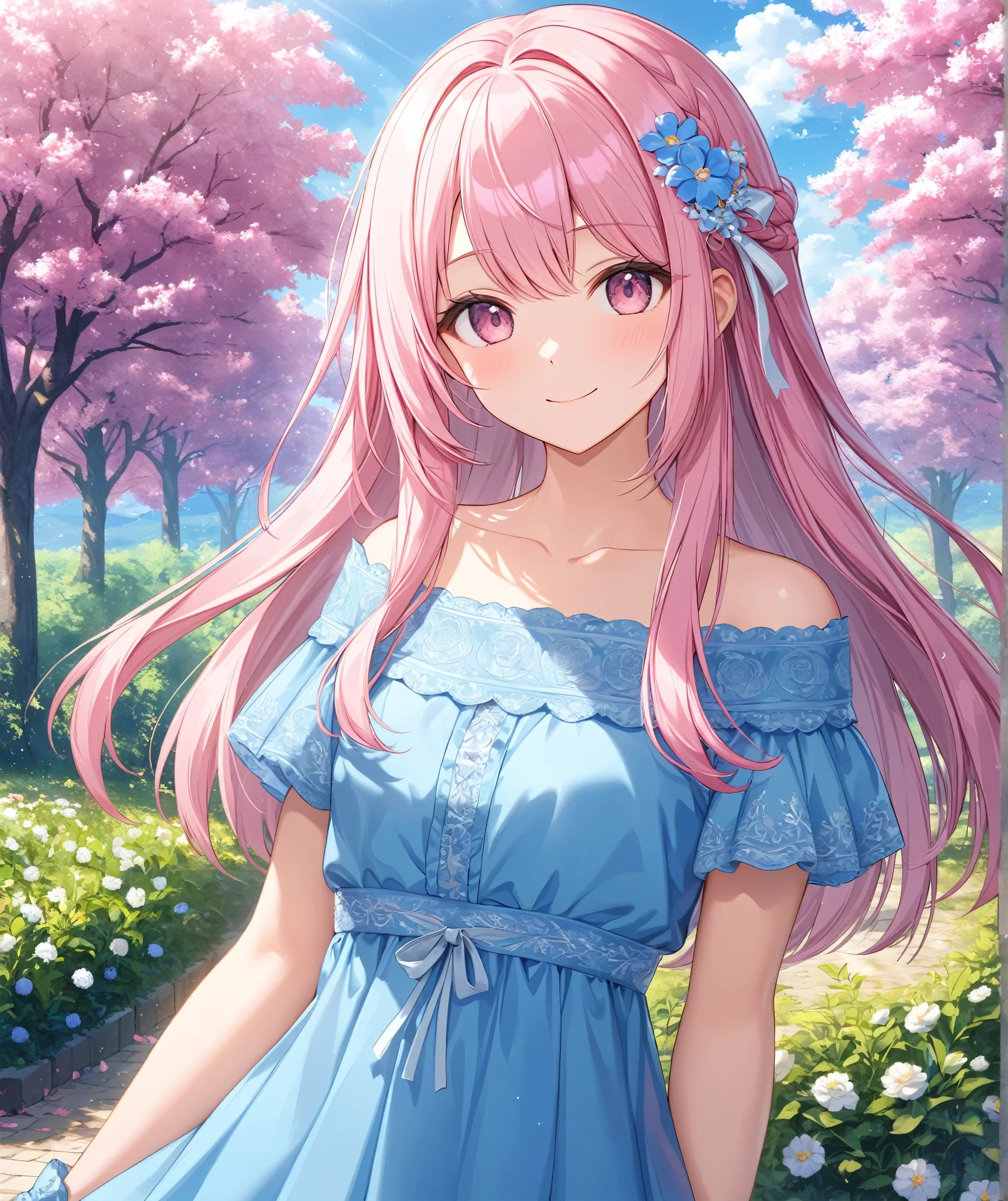1girl, solo, Pink Shine Bright Hair, hair between eyes, Long hair, loose hair,beautifully styled hair, aesthetic detailed eyes, (Pink shiny Bright Eyes), looking at viewer,(pale cheeks), (skin colored cheeks), Mesmerise, Little smile, closed mouth, (half body, cowboy shot), BREAK
(summer blue dress), ribbon, BREAK
garden, trees, flowers, sunny, blue sky, BREAK
HDR, 8K, masterpiece, best quality, amazing quality, very aesthetic, high resolution, ultra-detailed, absurdres, newest, scenery,
masterpiece, scenery, aesthetic detailed background, best quality, game cg aesthetics, sharp focus, sharp details, beautiful detailed eyes, detailed skin, detailed hair, light particles, photo background, depth of field,
(masterpiece), best quality, ultra-detailed, 1024k UHD wallpaper, ultra-high resolution, depth of field, HDR, Ray tracing, RTX, high saturation, photon mapping, best texture quality, best compotitions, (extremely detailed CG 1024k wallpaper), High Details, Detailed face, Detailed Clothes, Ultra HD Photo, Perfect Face, expressive eyes
