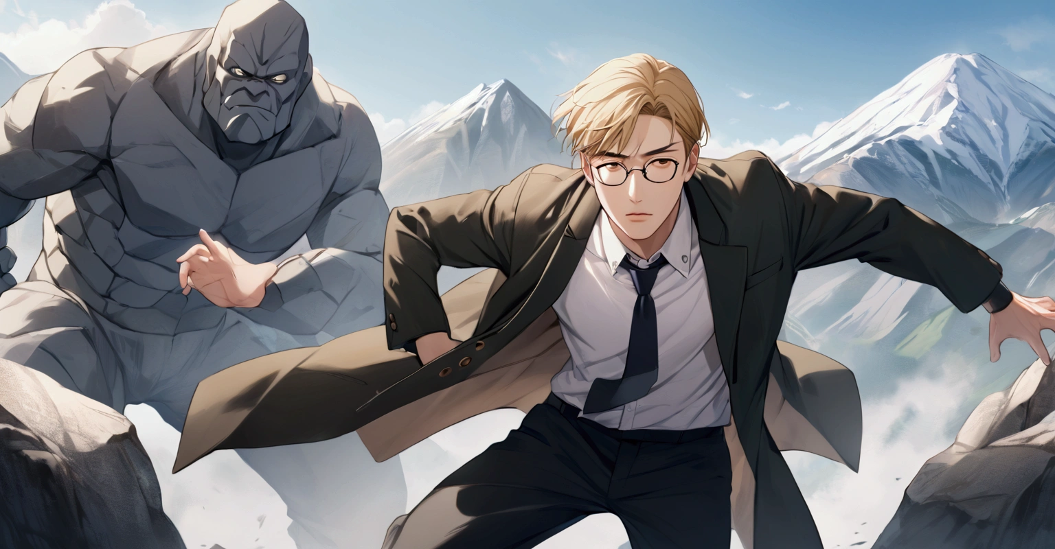 Nanami Kento from JJK, glasses, tie, white shirt, coat, dynamic pose, blonde, stone golem next to him, mountain background, naruto univers