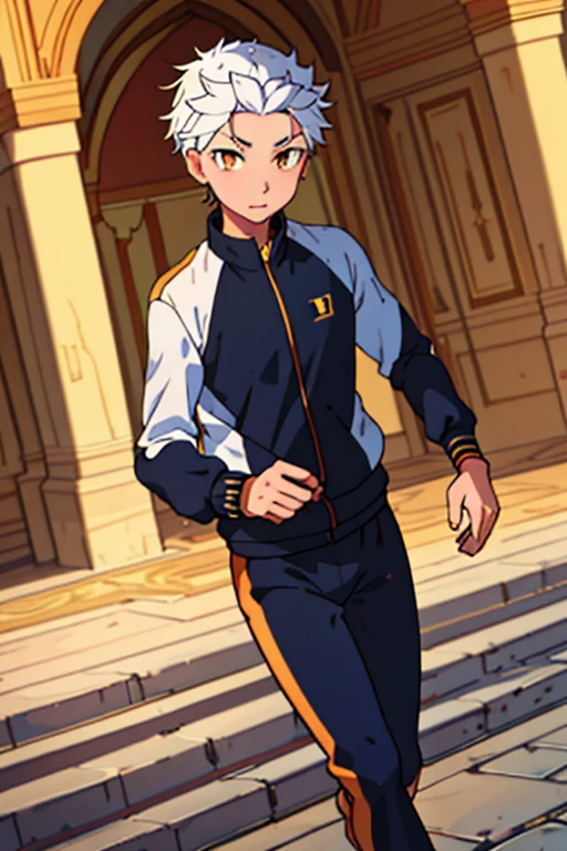  Moroccan masterpiece ,  best quality, , 1 Boy, Alone,  male focus ,  regardant Viewer , ,  Depth of field , Regulus_, white hair, golden eyes , combinaison de jogging