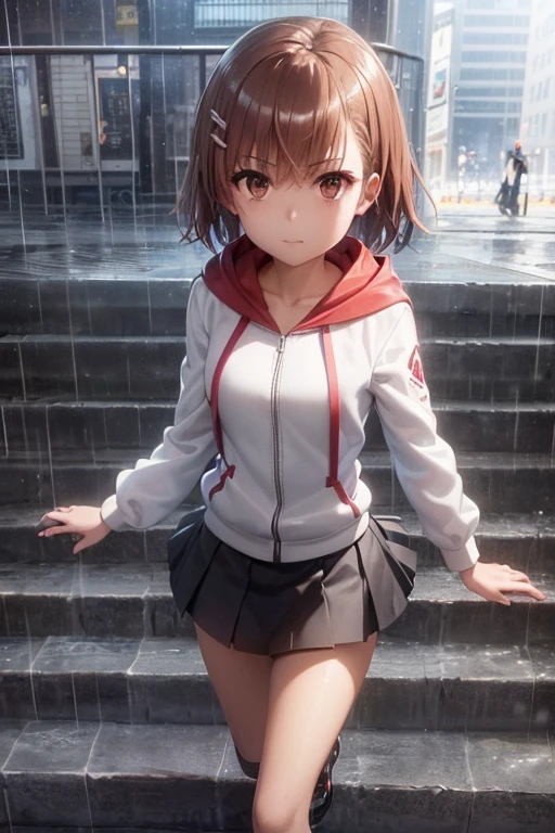 misaka mikoto、 shiny hair,  short hair, ( beautiful brown eyes、)、smile、 super detailed eyes、((hair clip)), highly detailed faces being avenged,  highly detailed eyes ,cowboy shot,、( One Girl )、 ,Master Piece,  top quality ,  high res, masterpiece , 




 ((Cloudy city，Bright Street，Corner store ，Staircase station ，Heavy Rain and Rain ， she's wearing a red hooded jacket，Wear a hoodie，white blouse ,  white print blouse ， short black skirt , Full skirt,  black pleated skirt,  black garter belt ， Martin shoes ，Premočené oblečenie ， black exposure ， outdoor deep tent )), Drape collar 