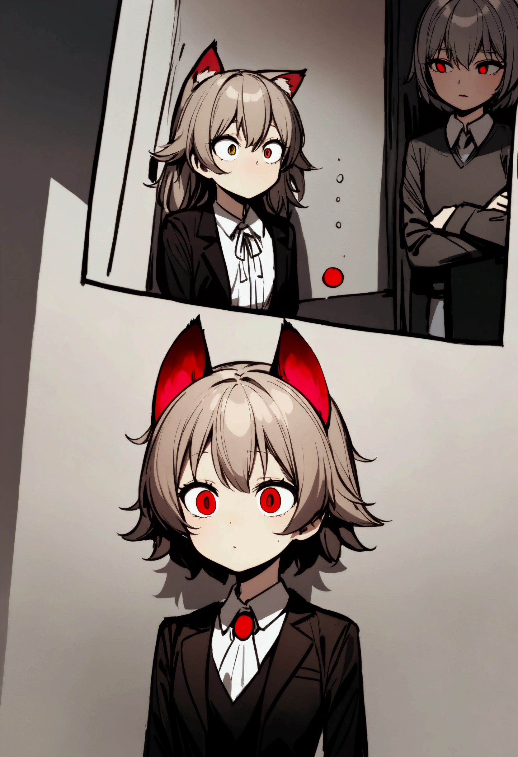 A cat eared girl (, professional bearing, business suit, business hairdo, oversized eyes, struggling to remain calm), she is at a business meeting trying to give a presentation but someone is shining a red dot on the wall.