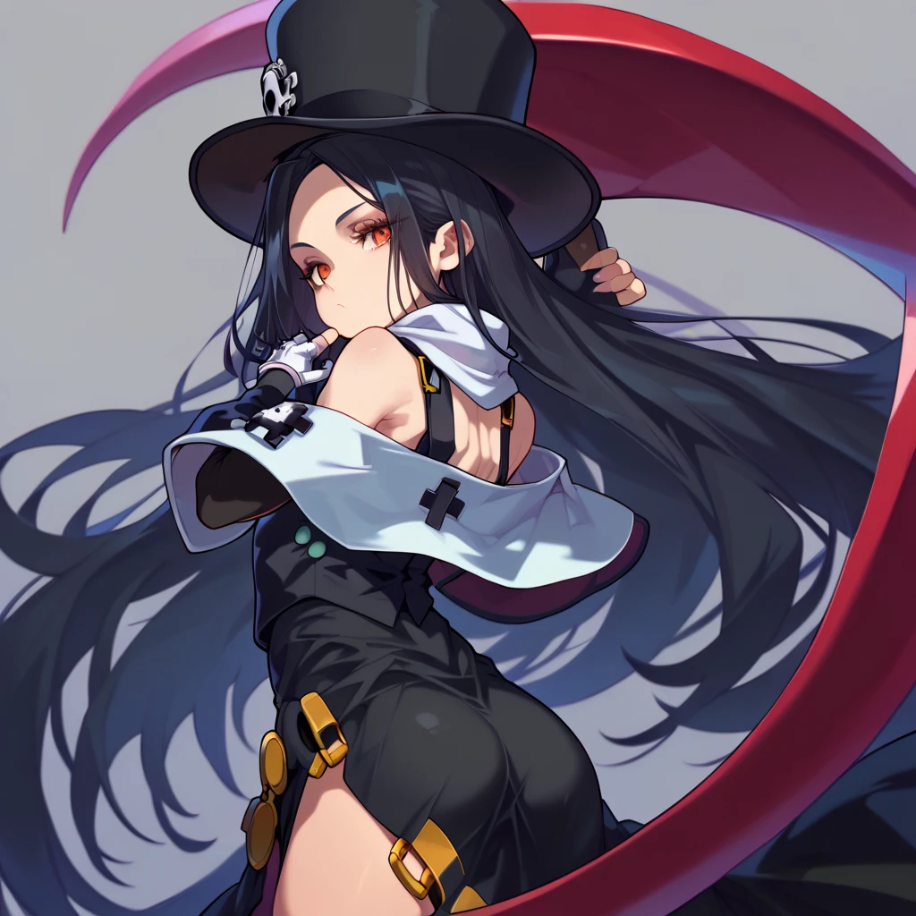 seductive poses, 1other, androgynous, looking at viewer, testament\(guilty gear\), o, black hair, red eyes, long hair, formal, BLACK SLEEVES, detachable sleeves, scarf, top hat, long black skirt, side slit, black vest, fingerless gloves, bare shoulders, asymmetrical gloves, single , erection, ((bulge, alone)), back pose, holding scythe