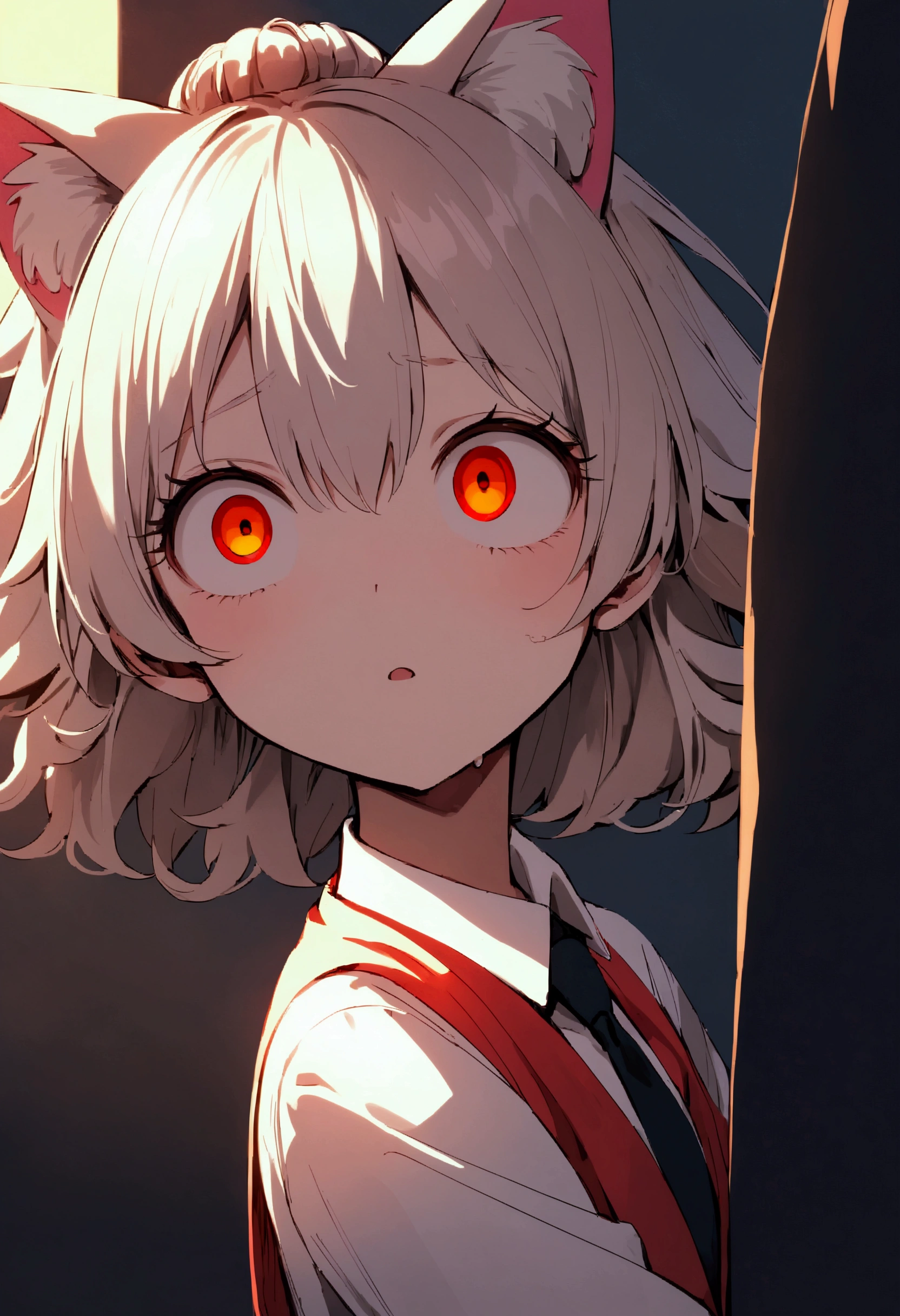 A cat eared girl (, professional bearing, business suit, business hairdo, oversized eyes, struggling to remain calm), she is at a business meeting trying to give a presentation but someone is shining a red dot on the wall.