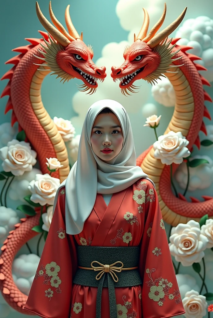 POV, close up, the most beautiful hijab girl. wearing casual Versace in white and pink Kimono style that has shining Red Magical dragon pet with spesial effect stroboscopic dramatic,sitting at the "Tong" cafe while holding a large Mobile legend sword while smiling warmly, an Aesthetic cafe which has walls made of woven bamboo which forms beautiful embossing geometric patterns with neon outlines become aesthetic background, reflective, HDR, backdrop views. 32k image resolutioncinematic, Phase One XF IQ4 150MP, Schneider Kreuznach 80mm LS f/2.8..Natural lighting, (direct light:0.4), 8mm film grain, photographed on a Sony a9 II, 24mm lens, f/2.8 aperture, Deep focus,