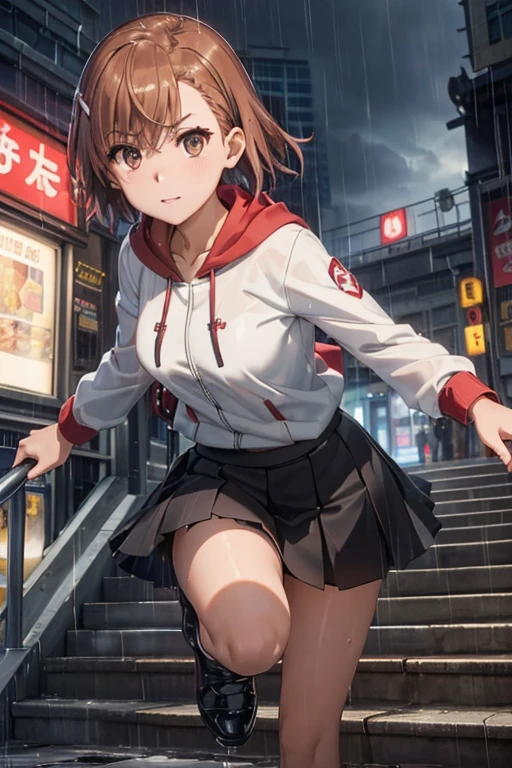 misaka mikoto、 shiny hair,  short hair, ( beautiful brown eyes、)、smile、 super detailed eyes、((hair clip)), highly detailed faces being avenged,  highly detailed eyes ,cowboy shot,、( One Girl )、 ,Master Piece,  top quality ,  high res, masterpiece , 




 ((Cloudy city，Bright Street，Corner store ，Staircase station ，Heavy Rain and Rain ， she's wearing a red hooded jacket，Wear a hoodie，white blouse ,  white print blouse ， short black skirt , Full skirt,  black pleated skirt,  black garter belt ， Martin shoes ，Premočené oblečenie ， black exposure ， outdoor deep tent )), Drape collar 