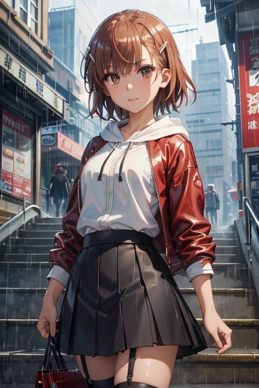 misaka mikoto、 shiny hair,  short hair, ( beautiful brown eyes、)、smile、 super detailed eyes、((hair clip)), highly detailed faces being avenged,  highly detailed eyes ,cowboy shot,、( One Girl )、 ,Master Piece,  top quality ,  high res, masterpiece , 




 ((Cloudy city，Bright Street，Corner store ，Staircase station ，Heavy Rain and Rain ， she's wearing a red hooded jacket，Wear a hoodie，white blouse ,  white print blouse ， short black skirt , Full skirt,  black pleated skirt,  black garter belt ， Martin shoes ，Premočené oblečenie ， black exposure ， outdoor deep tent )), Drape collar 