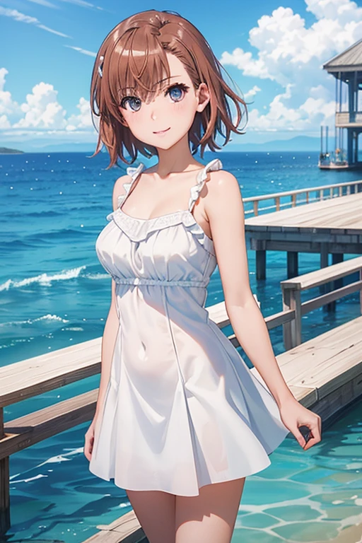 misaka mikoto、 shiny hair,  short hair, ( beautiful brown eyes、)、smile、 super detailed eyes、((hair clip)), highly detailed faces being avenged,  highly detailed eyes ,cowboy shot,、( One Girl )、 ,Master Piece,  top quality ,  high res, masterpiece , 




 (masterpiece,  top quality :1.2),  illustration, Anime, ( wide shot), Model shoot,  1 girl,  blue  ocean  eyes, Pretty lips,  beautiful faces,  beautiful eyes,   white sundress, backlit, Standing on the pier, ( ocean , Sparkling water surface), Wave, landscape summer pier background ,  brightly colored ,  Dazzling Sun Light , 8k, 