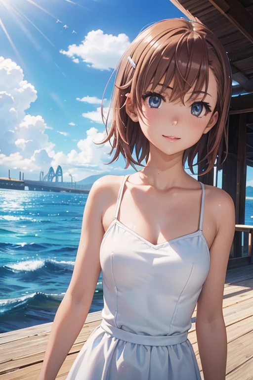 misaka mikoto、 shiny hair,  short hair, ( beautiful brown eyes、)、smile、 super detailed eyes、((hair clip)), highly detailed faces being avenged,  highly detailed eyes ,cowboy shot,、( One Girl )、 ,Master Piece,  top quality ,  high res, masterpiece , 




 (masterpiece,  top quality :1.2),  illustration, Anime, ( wide shot), Model shoot,  1 girl,  blue  ocean  eyes, Pretty lips,  beautiful faces,  beautiful eyes,   white sundress, backlit, Standing on the pier, ( ocean , Sparkling water surface), Wave, landscape summer pier background ,  brightly colored ,  Dazzling Sun Light , 8k, 