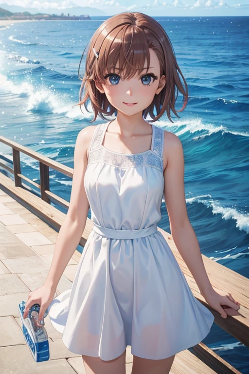 misaka mikoto、 shiny hair,  short hair, ( beautiful brown eyes、)、smile、 super detailed eyes、((hair clip)), highly detailed faces being avenged,  highly detailed eyes ,cowboy shot,、( One Girl )、 ,Master Piece,  top quality ,  high res, masterpiece , 




 (masterpiece,  top quality :1.2),  illustration, Anime, ( wide shot), Model shoot,  1 girl,  blue  ocean  eyes, Pretty lips,  beautiful faces,  beautiful eyes,   white sundress, backlit, Standing on the pier, ( ocean , Sparkling water surface), Wave, landscape summer pier background ,  brightly colored ,  Dazzling Sun Light , 8k, 