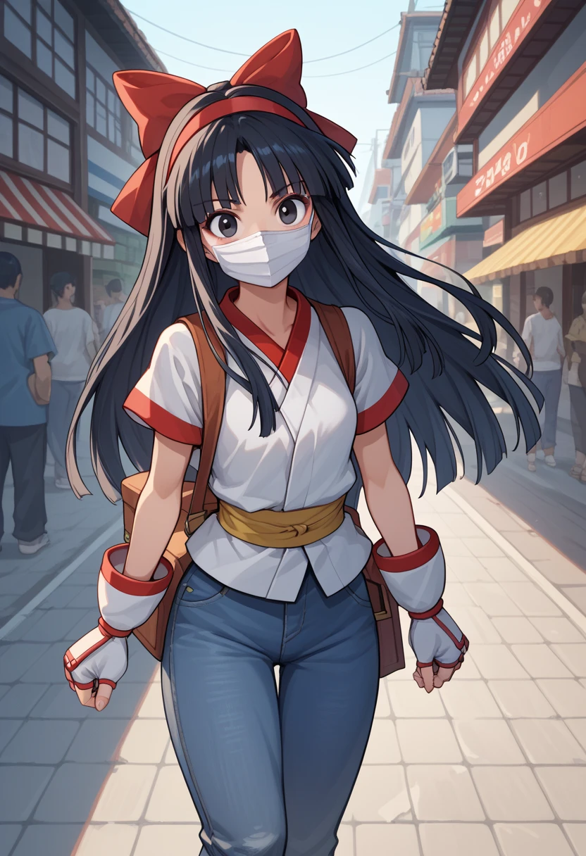 1girl, long hair, black hair, hair bow, hairband, black eyes, ainu clothes, japanese clothes, short sleeves, pants, fingerless gloves, "A modern urban setting, a young woman wearing a simple outfit consisting of a hoodie, jeans, and casual sneakers. She is wearing a face mask and staring with a slightly intense, guarded expression, her eyes sharp as if trying to maintain a sense of control. The backdrop is a busy city street, with small shops and passersby blurred in the background. She carries only a small crossbody bag, implying minimal baggage. The mood is a mix of anticipation and tension, as this is her first meeting with someone she met online. Her posture is assertive, but her guarded demeanor contrasts with her striking beauty. The story suggests intimacy is implied after the meeting."