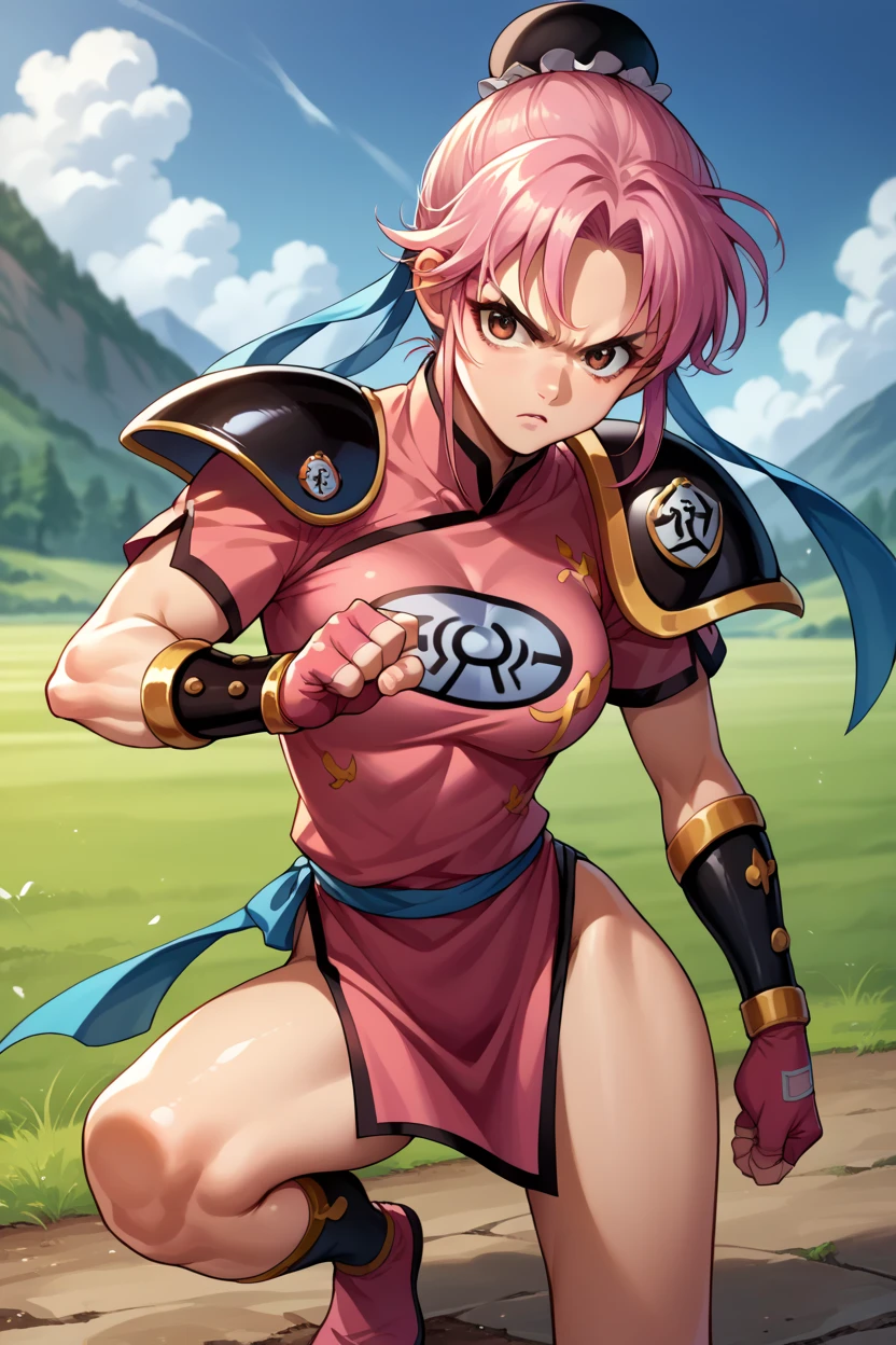 score_9, score_8_ up, score_7_ up, score_6_ up,  Source_Anime,  break 1 girl, Solo MartialMaam ,  pink hair, Hair Bun,  short hair,  china dress, Short sleeve, band, Fingerless gloves,  Single Shoulder Pad , Big Breasted ,  stand on one leg,  Fighting Stance ,  open your mouth, Serious, Field, Mountain々,  watching viewers,