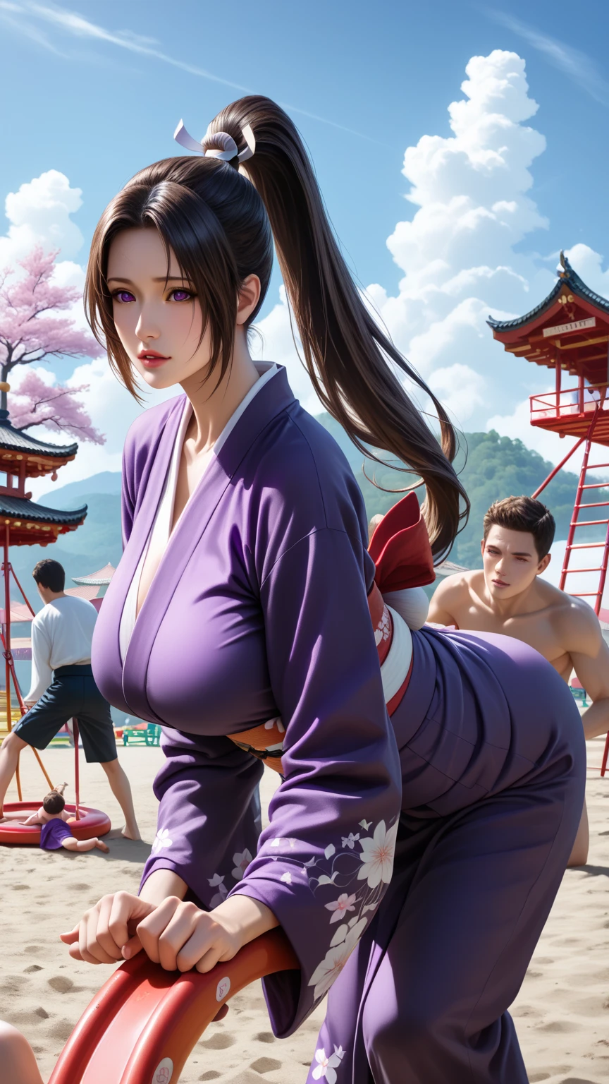 score_9,score_8_up,score_7_up,high res image,masterpiece,best quality,realistic,Mai Shiranui,(plump:1.7),(black pupil:1.2),(brown black hair:1.3),(High ponytail:1.3),(kimono:1.4),(purple clothes:1.4),(gloom:1.3),(gradient_sky:1.2),(leaning_forward:1.3),(hair_tucking:1.3),(1girl:1.3),(3boys:1.3),(******_boy:1.4),(playground:1.3),