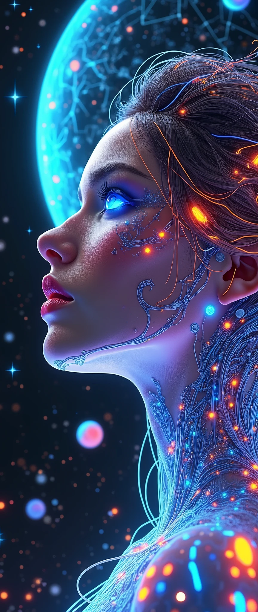 (masterpiece:1.2,  high image quality,Mirror Finish , cinematic experience, best illustrations:2.0,  super detailed  ),8k,16k,wallpaper,Beautiful female cyborg, psychedelic ,progressive,SF, cyberpunk,glow line art,The background is an abstract group of planets , The background is a large grid pattern of light lines ,( face up to hairstyle),( depth of field ),(nSFw)