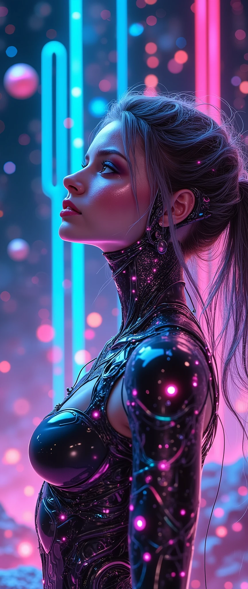 (masterpiece:1.2,  high image quality,Mirror Finish , cinematic experience, best illustrations:2.0,  super detailed  ),8k,16k,wallpaper,Beautiful female cyborg, psychedelic ,progressive,SF, cyberpunk,glow line art,The background is an abstract group of planets , The background is a large grid pattern of light lines ,( face up to hairstyle),( depth of field ),(nSFw)