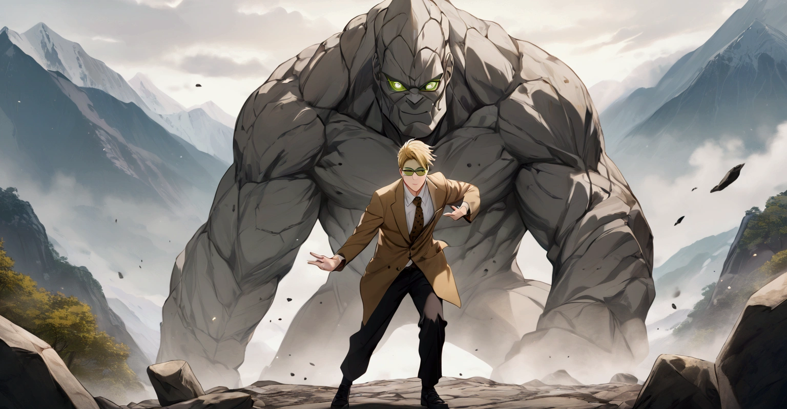 Nanami Kento from JJK, green glasses, brown spotted yellow tie, white shirt, coat, dynamic pose, blonde, stone golem next to him, mountain background, naruto universe