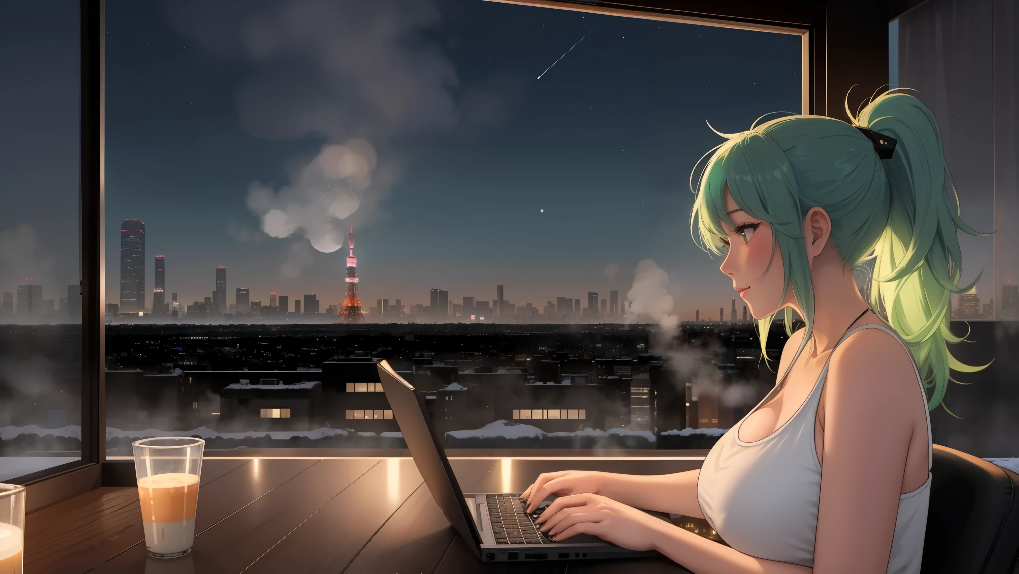 "A woman big breast with green hair tied in a ponytail sits on a chair on a rooftop balcony, gazing up at the starry night sky. She is dressed in a black tank top and blue jeans, her posture relaxed yet thoughtful. A laptop is open on the small table beside her, and a steaming cup of coffee sits next to it, the gentle steam rising into the chilly night air. The rooftop balcony provides a stunning view of a snowy Tokyo skyline, with rooftops below blanketed in white and glowing neon signs reflecting off the snow. The iconic Tokyo Tower stands illuminated in the distance, surrounded by scattered stars and the soft glow of a crescent moon. The cold winter breeze brushes her hair gently as she alternates between working on her laptop and admiring the peaceful urban landscape. The scene is a harmonious blend of tranquility and productivity, with the warmth of the coffee and the glow of the laptop contrasting beautifully against the crisp, snowy night and the vibrant city lights below."