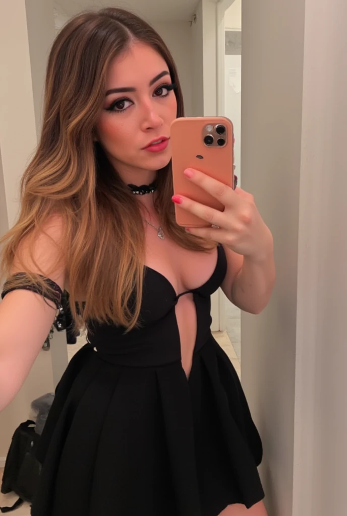 A mirror selfie of chrissy wearing a naughty black evening dress with a visible cleavage and a black choker necklace.
