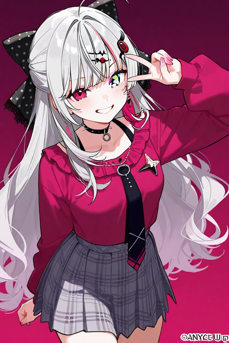 1girl, white hair, bangs, blunt bangs, vampire, frilled skirt, red windbreaker, modern windbreaker, modern, modern outfit, Columbia Women's Switchback III Jacket, hood down, pointy ears, looking at viewer, smile, solo, amused expression, smug, thigh-highs, red eyes, full body, simple background, white background, anime, (((modern day))), reference sheet, UHD, best quality
