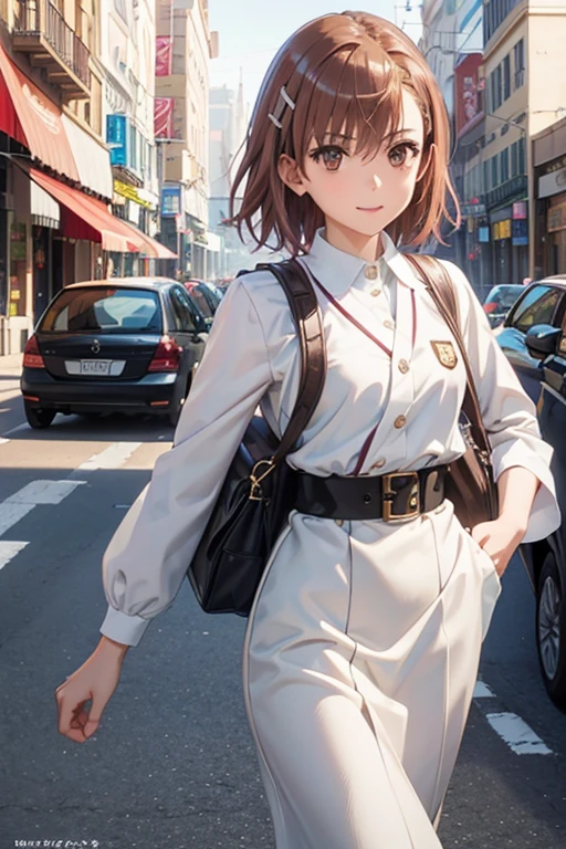 misaka mikoto、 shiny hair,  short hair, ( beautiful brown eyes、)、smile、 super detailed eyes、((hair clip)), highly detailed faces being avenged,  highly detailed eyes ,cowboy shot,、( One Girl )、 ,Master Piece,  top quality ,  high res, masterpiece , 




 (masterpiece,  top quality :1.2),  illustration,2D anime drawing of a girl around 20 years old,  young, dynamic,  walking down the street 