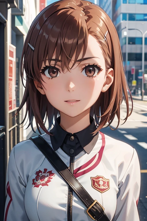 misaka mikoto、 shiny hair,  short hair, ( beautiful brown eyes、)、smile、 super detailed eyes、((hair clip)), highly detailed faces being avenged,  highly detailed eyes ,cowboy shot,、( One Girl )、 ,Master Piece,  top quality ,  high res, masterpiece , 




 (masterpiece,  top quality :1.2),  illustration,2D anime drawing of a girl around 20 years old,  young, dynamic,  walking down the street 