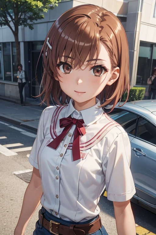 misaka mikoto、 shiny hair,  short hair, ( beautiful brown eyes、)、smile、 super detailed eyes、((hair clip)), highly detailed faces being avenged,  highly detailed eyes ,cowboy shot,、( One Girl )、 ,Master Piece,  top quality ,  high res, masterpiece , 




 (masterpiece,  top quality :1.2),  illustration,2D anime drawing of a girl around 20 years old,  young, dynamic,  walking down the street 