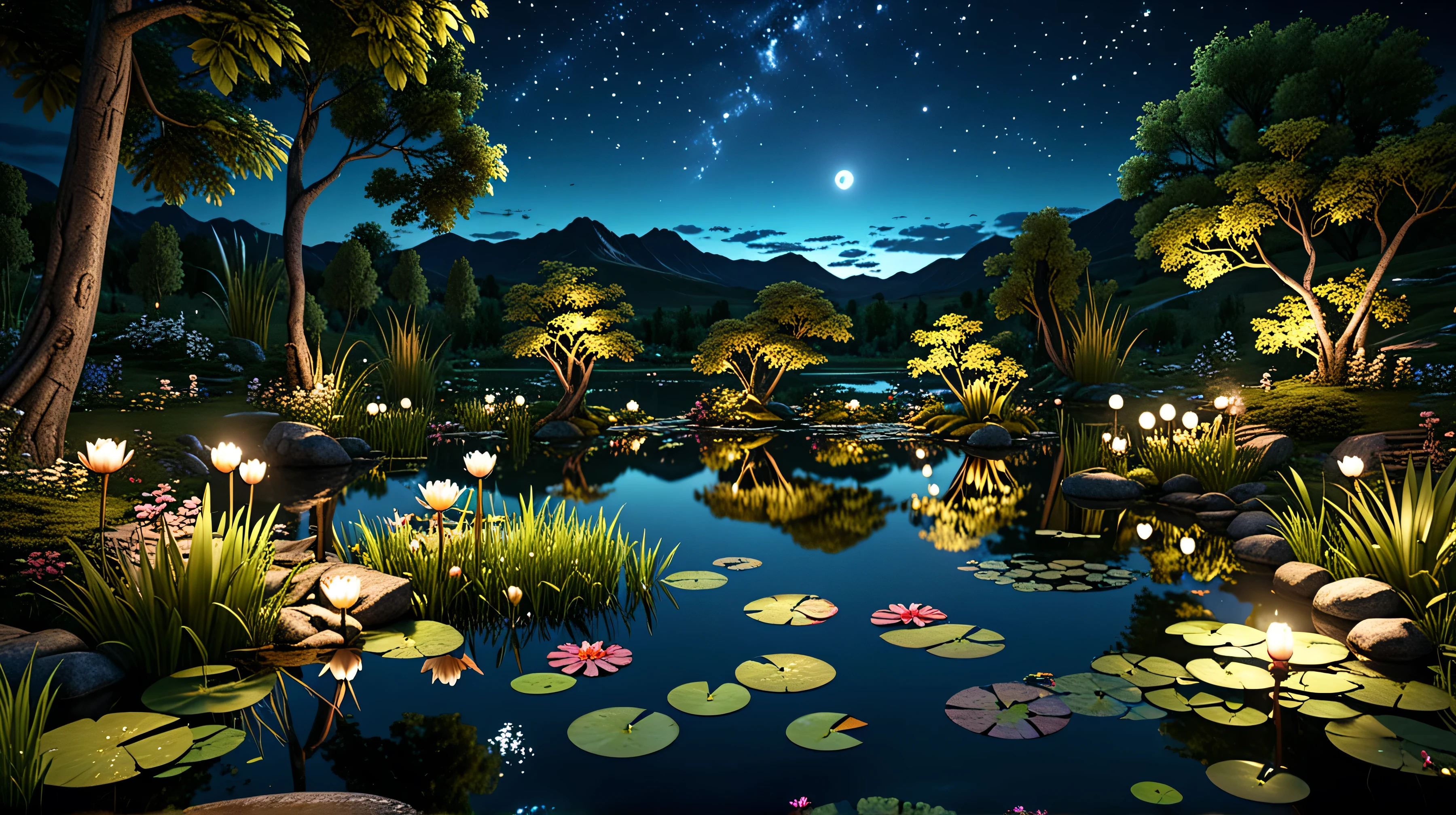 masterpiece, best quality, Extremely detailed CG unified 8k wallpaper, There is a magical pond at night, meticulous, movie lighting, high resolution, 12k