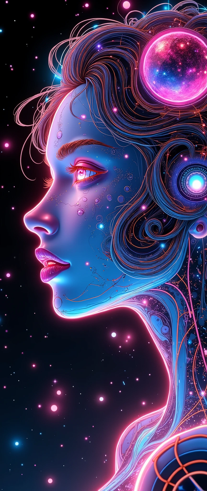 (masterpiece:1.2,  high image quality,Mirror Finish , cinematic experience, best illustrations:2.0,  super detailed  ),8k,16k,wallpaper,Beautiful female cyborg, psychedelic ,progressive,SF, cyberpunk,glow line art,The background is an abstract group of planets , The background is a large grid pattern of light lines ,( face up to hairstyle),( depth of field ),(nSFw)