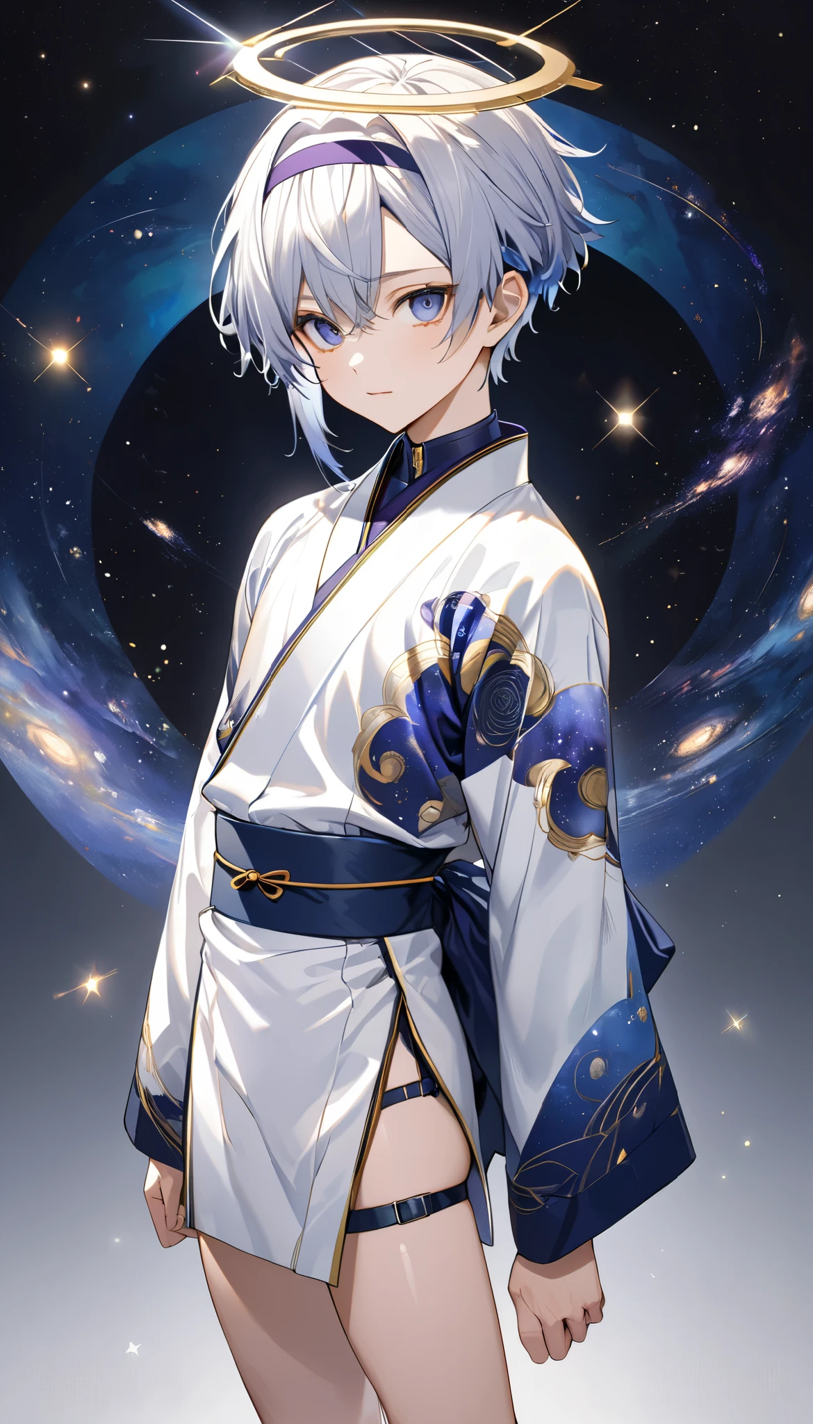 Fresh illustration,
Ultra-fine drawing,
Very delicate illustration,
Very fine details,
Drawing of a boy alone,
Arms slightly outstretched,
Height 158cm,
Fair skin,
Right eye purple,
Left eye blue,
Beautiful eyes,
Large black pupils,
Short hair,
Blue roots and silver elsewhere,
Hair with a gradient,
Shiny hair,
Cute face,
Pretty face,
A shining angel halo on the back of his head,
Raised eyebrows,
Upper body in traditional Japanese clothing, wearing a kimono,
Masculine build,
Six pack,
Very small breasts,
No breasts,
Lower body in Chinese dress,
Black obi,
All Physically, white clothing,
Tasteful embroidery with gold thread,
Clothes with a high-quality texture,
Jockstrap underwear,
Thigh straps,
Thigh straps digging into the skin,
White long boots,
Japanese-style toes,
Number of fingers and toes: 5,
Thin waist,
Thin legs,
Isometric,
Golden ratio,
Divine atmosphere,
Wearing an indigo-colored stand-up collar inner,
Outer space,
Galaxy,
Countless small stars,
Tactical use of shadows,
Headband and hair do not extend beyond the frame,
Clothes do not extend beyond the frame,
Body orientation is symmetrical,
Clothes are symmetrical,
Full body,
Picture of a person standing motionless,
Facing forward,