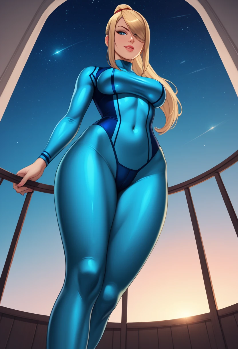 score_9, score_8_below, score_7_below, score_6_below, score_5_below, score_4_below, samus aran,  female,  blonde hair,( hair covers one eye :1.2), scoundrel, seductive, (((extremely detailed cyan blue  ))), ,  review_explicit,, standing,  thick legs , full legs,  detailed face,to smile, pantyhose in 8k,  highres icon,  ultra detailed lingerie top, soft shadows,  Starry Sky Background 
