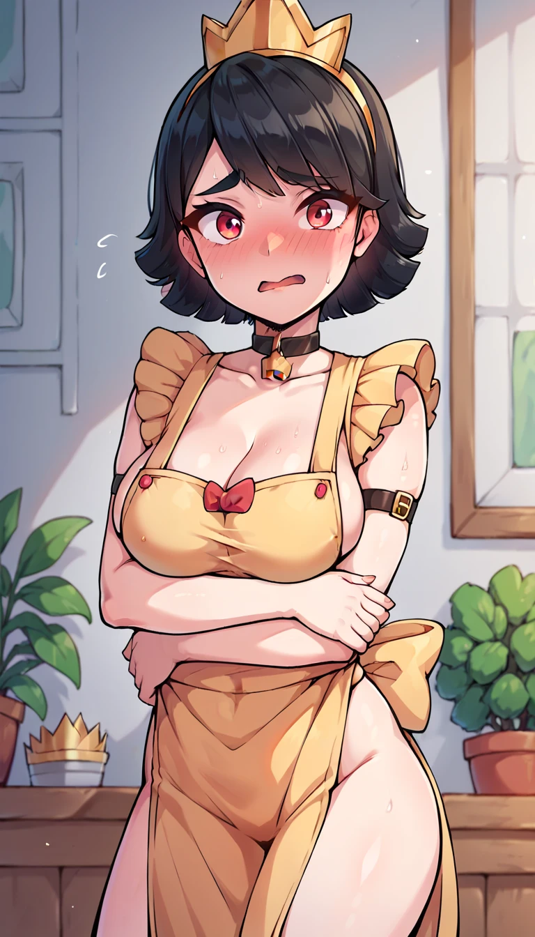 princess,short black hair,gold crown,, breasts, posing embarrassed, red face, Suspender Naked Apron 