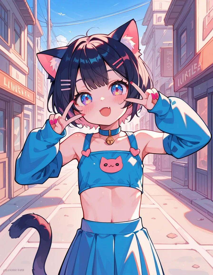 Masterpiece, (best quality), (high quality), moder street, 1girl, solo, kawaii pose, high fashion clothes, (young), cute cat mouth shape, v-shaped sign, cat girl, cute girl, best body, blushing, high resolution, 4K, best upscale,