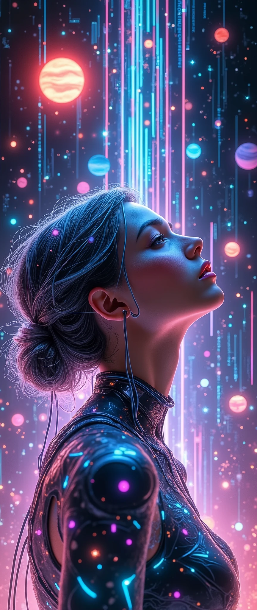 (masterpiece:1.2,  high image quality,Mirror Finish , cinematic experience, best illustrations:2.0,  super detailed  ),8k,16k,wallpaper,Beautiful female cyborg, psychedelic ,progressive,SF, cyberpunk,glow line art,The background is an abstract group of planets , The background is a large grid pattern of light lines ,( face up to hairstyle),( depth of field ),(nSFw)