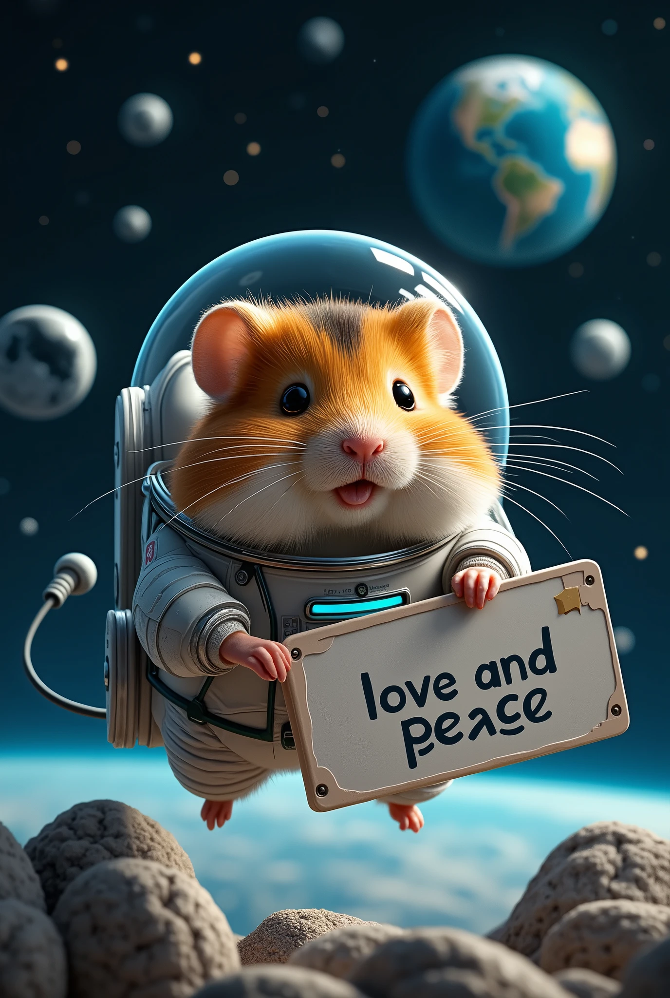 The background is the Earth, seen in the distance, floating in space, and in the foreground is a cute, chubby, short-legged, fluffy hamster. The hamster is wearing a space suit and is holding a whiteboard with the words 'Love and Peace' in Futura bold font.