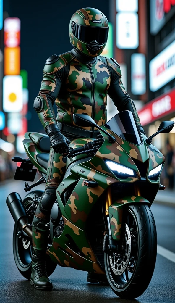 A full-body image of a muscular adult male dressed in military tactical gear, wearing a camouflage leather full-body suit, camouflage mask and camouflage Racing Boots. The sleek leather outfit provides full coverage, exuding a dark and intense atmosphere. The scene is illuminated by low light, casting dramatic shadows that enhance the mysterious and powerful presence. He stands beside a heavy-duty military camouflage 1000cc Sportbike , ready for action, in a futuristic cyberpunk city street filled with neon lights and advanced technology. The composition emphasizes his commanding stance and the tactical precision of his gear, blending a sleek, futuristic aesthetic with a gritty, law enforcement vibe.,future army,Racing Helmet,army green camouflage