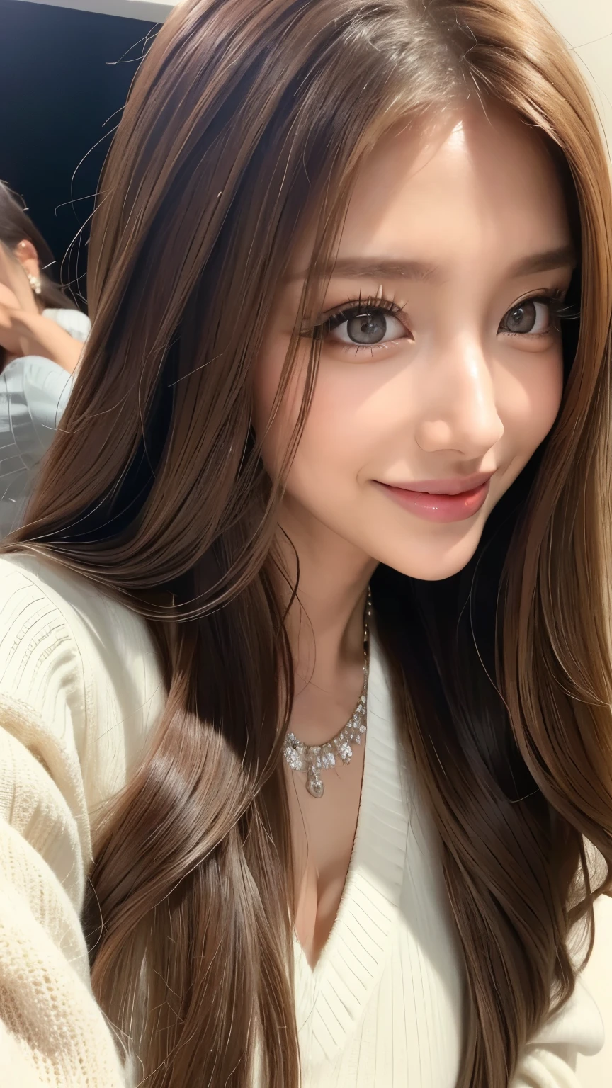 ( cowboy shooting、 top quality、8k、 award-winning works 、 super high res )、 beautiful woman、( White sweater , Sexy cleavage:1.1)、Perfect big breasts、( blonde alone :1.1)、 beautiful skin that shines with bright, Shiny Lipsticks 、 a lot of people stand out with clear images 、 bright color contacts 、Perfect gal makeup、 Perfect for an adorable companion 、The sleeve is torn 、( Dark makeup for women :1.2)、( dark brown beige around the eyes :1.1)、 Beautiful Bright Eye Shadow 、 dark sexy makeup around the eyes 、(Big Breasts:1.2)、 super long wavy hair 、(Romantic affection:1.1)、 amazing adult sex appeal The best smile he has when he sees me 、( there are many people that accentuate body lines ..:1.1)、(Strongly blurred、 a 。:1.1)、( The image is clear 、 jacket :1.1)、 accurate anatomy、 ultra HD hair、( super high res の完璧な美しい歯:1.1)、Ultra HD beautiful face 、 ultra HD hair、 crystal clear bang 、Ultra HD Shining Eyes、輝く super high res の美肌、 super high res の艶やかな唇、 Harry Winston necklace
